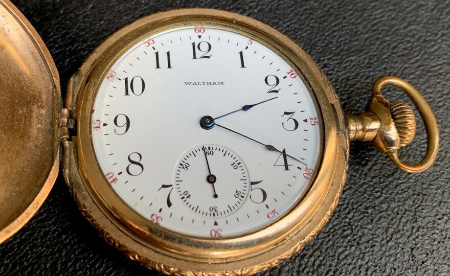 Gold Waltham pocket watch similar to the one Astor wore aboard RMS Titanic