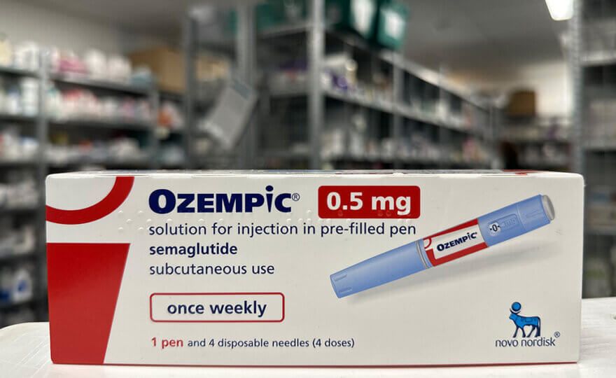Box of Ozempic / Wegovy Weight Loss Drug (Semaglutiude) 0.5mg in a pharmacy